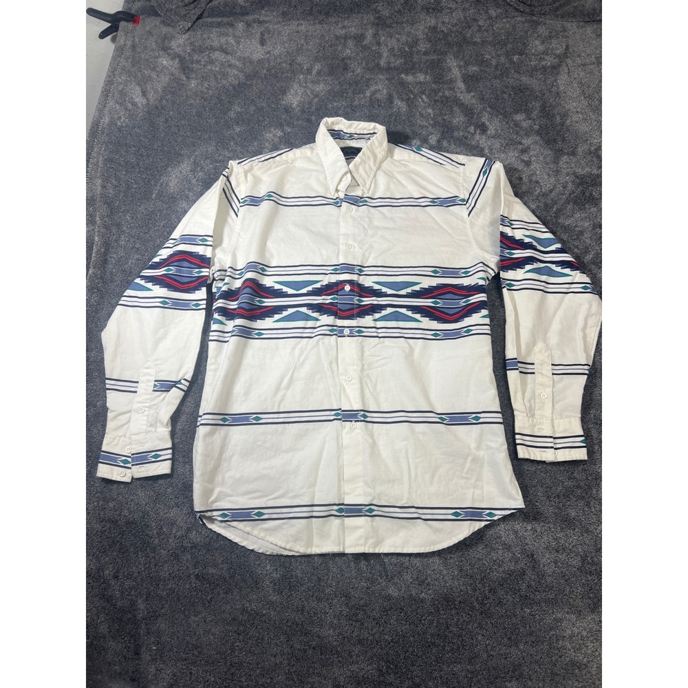Vintage Roper Mens Large Southwestern Geometric Print Button Down Shirt White L